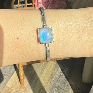 Hand Stamped Stacker cuff featuring a flashy piece of Moonstone.